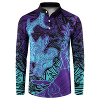 Hawaiian Volcano and Shark Button Sweatshirt Polynesian and Hibiscus Pattern Purple Cyan Gradient LT03 Purple - Polynesian Pride