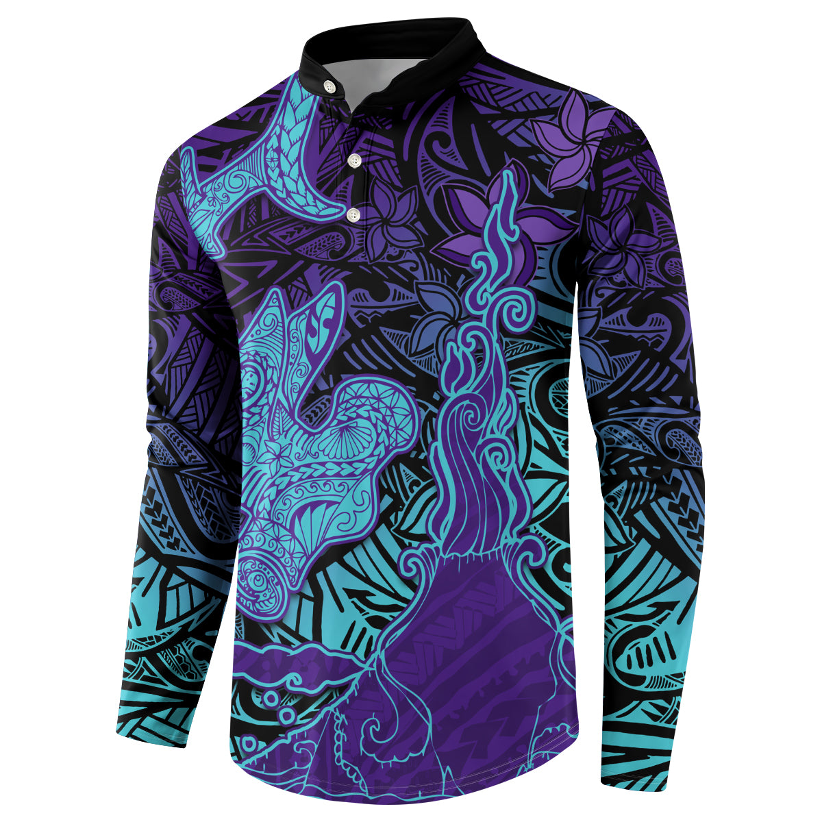 Hawaiian Volcano and Shark Button Sweatshirt Polynesian and Hibiscus Pattern Purple Cyan Gradient LT03 - Polynesian Pride