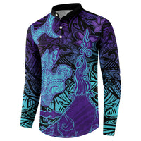 Hawaiian Volcano and Shark Button Sweatshirt Polynesian and Hibiscus Pattern Purple Cyan Gradient LT03 - Polynesian Pride