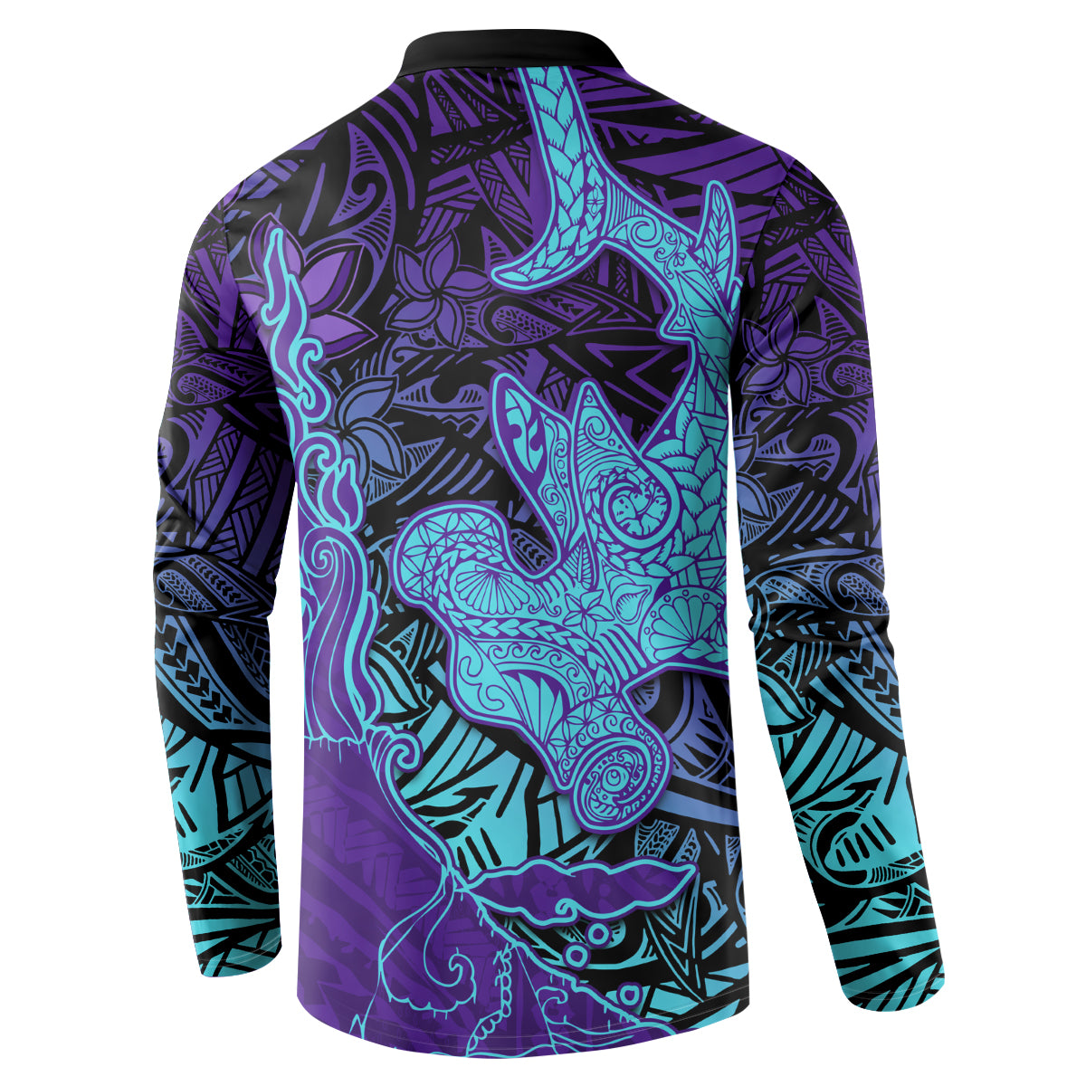Hawaiian Volcano and Shark Button Sweatshirt Polynesian and Hibiscus Pattern Purple Cyan Gradient LT03 - Polynesian Pride