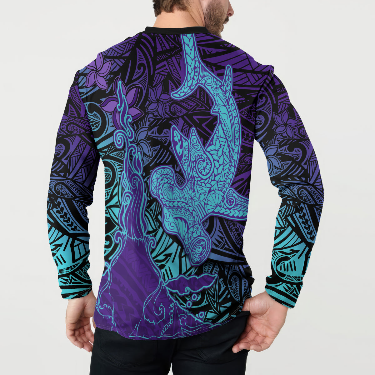 Hawaiian Volcano and Shark Button Sweatshirt Polynesian and Hibiscus Pattern Purple Cyan Gradient LT03 - Polynesian Pride