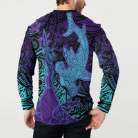 Hawaiian Volcano and Shark Button Sweatshirt Polynesian and Hibiscus Pattern Purple Cyan Gradient LT03 - Polynesian Pride