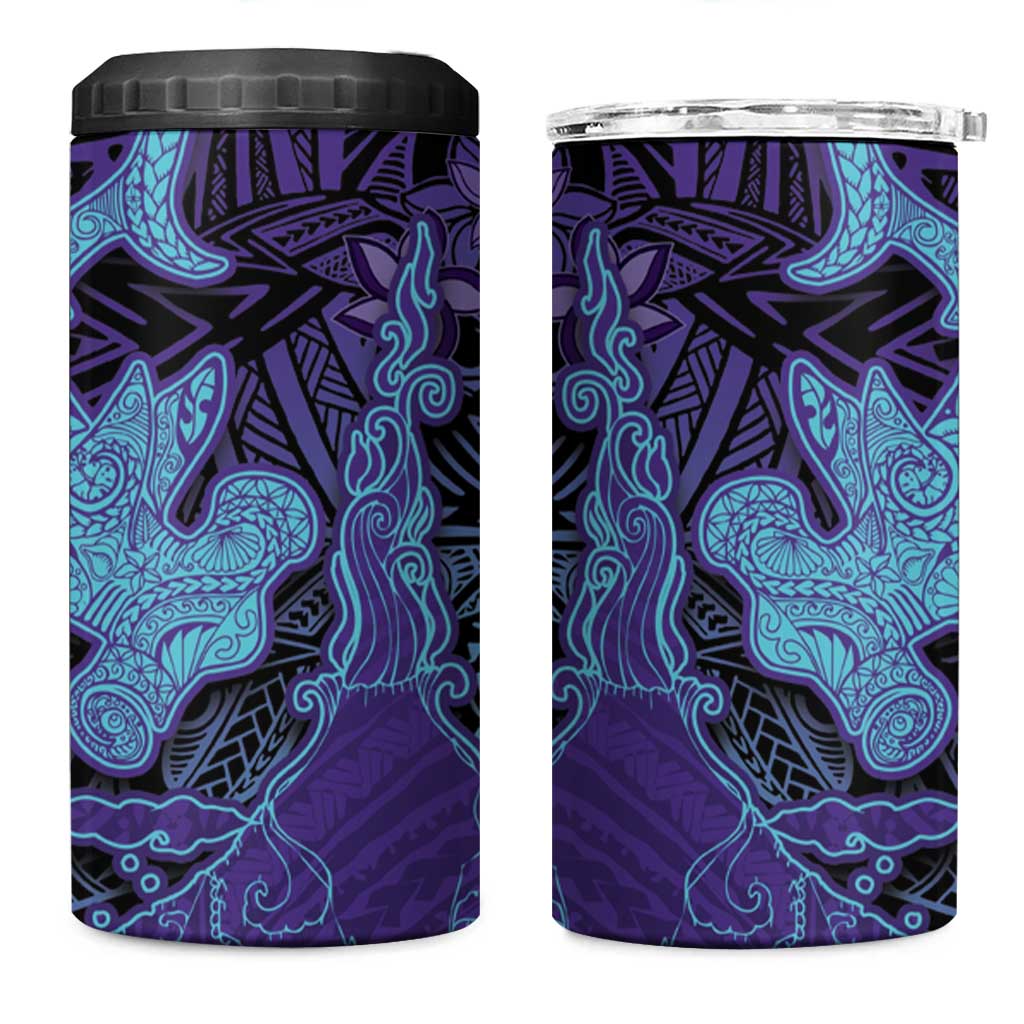 Hawaiian Volcano and Shark 4 in 1 Can Cooler Tumbler Polynesian and Hibiscus Pattern Purple Cyan Gradient
