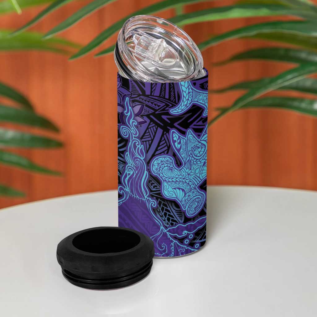 Hawaiian Volcano and Shark 4 in 1 Can Cooler Tumbler Polynesian and Hibiscus Pattern Purple Cyan Gradient