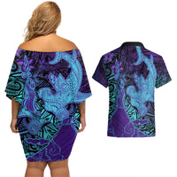Hawaiian Volcano and Shark Couples Matching Off Shoulder Short Dress and Hawaiian Shirt Polynesian and Hibiscus Pattern Purple Cyan Gradient