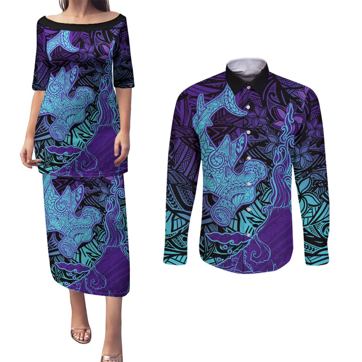 Hawaiian Volcano and Shark Couples Matching Puletasi and Long Sleeve Button Shirt Polynesian and Hibiscus Pattern Purple Cyan Gradient