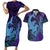 Hawaiian Volcano and Shark Couples Matching Short Sleeve Bodycon Dress and Hawaiian Shirt Polynesian and Hibiscus Pattern Purple Cyan Gradient