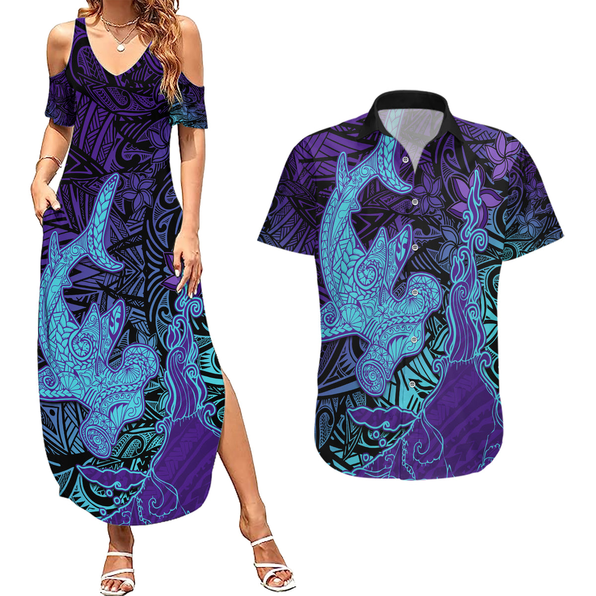 Hawaiian Volcano and Shark Couples Matching Summer Maxi Dress and Hawaiian Shirt Polynesian and Hibiscus Pattern Purple Cyan Gradient