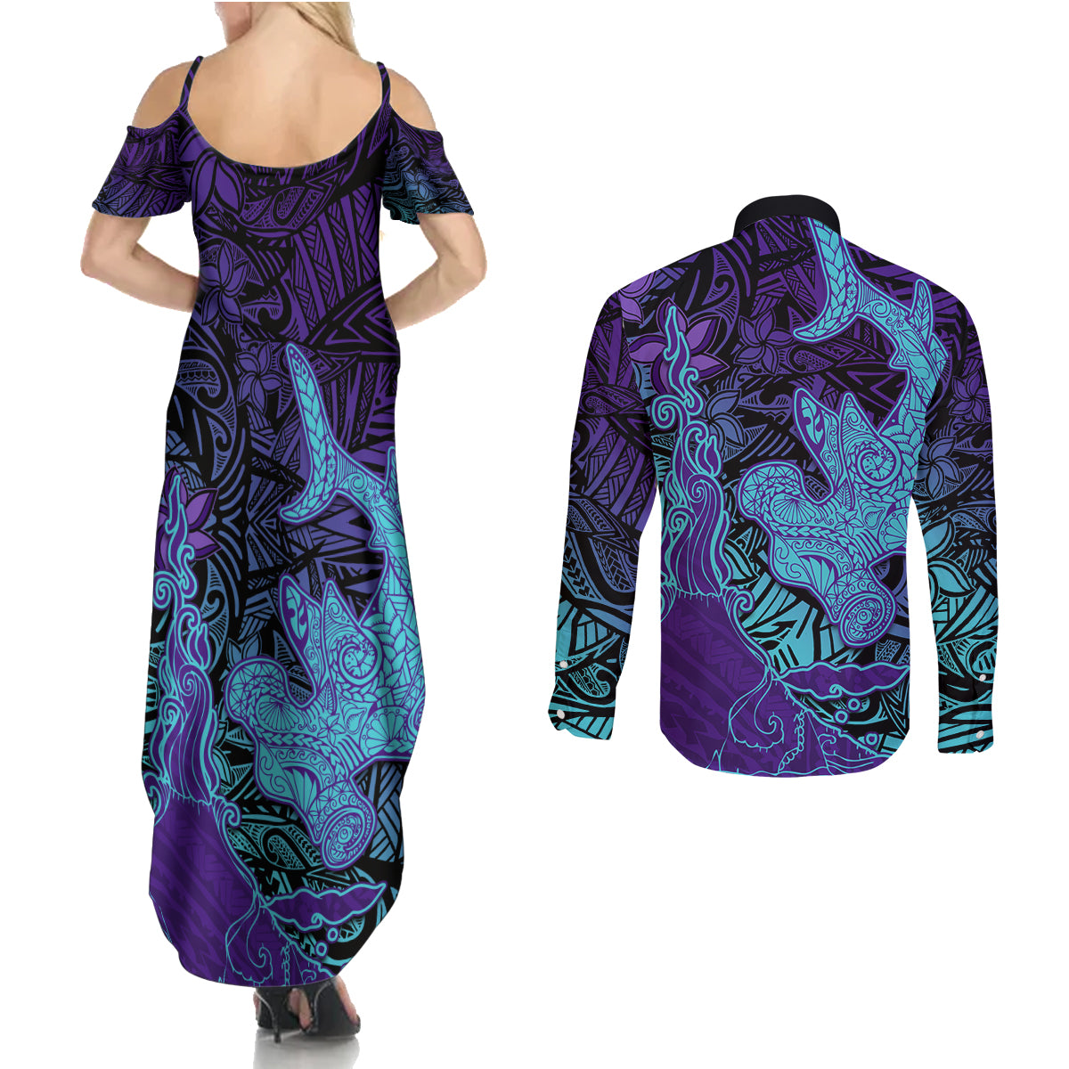 Hawaiian Volcano and Shark Couples Matching Summer Maxi Dress and Long Sleeve Button Shirt Polynesian and Hibiscus Pattern Purple Cyan Gradient