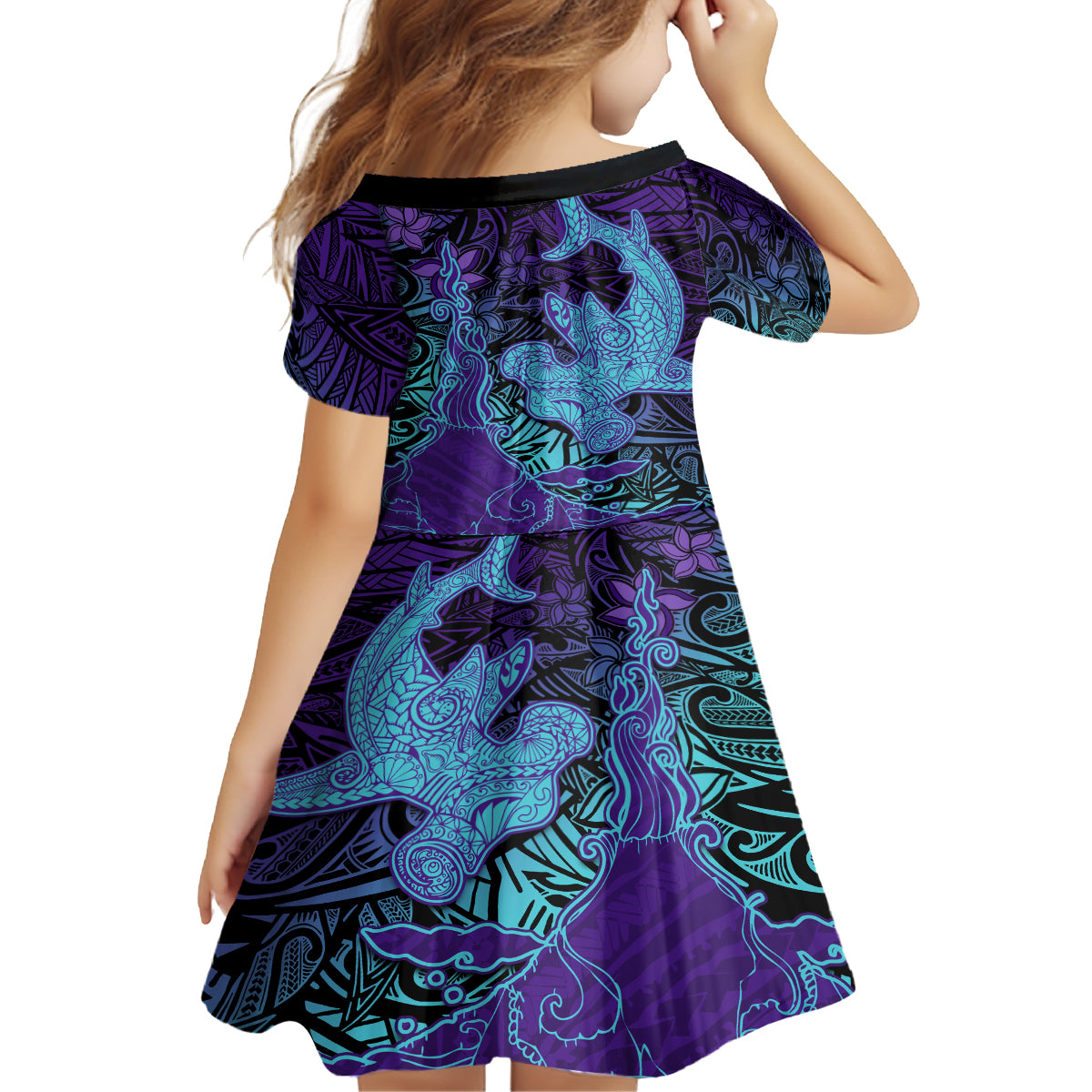 Hawaiian Volcano and Shark Family Matching Summer Maxi Dress and Hawaiian Shirt Polynesian and Hibiscus Pattern Purple Cyan Gradient