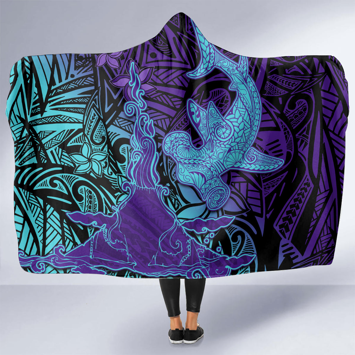 Hawaiian Volcano and Shark Hooded Blanket Polynesian and Hibiscus Pattern Purple Cyan Gradient