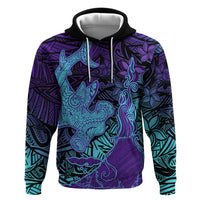 Hawaiian Volcano and Shark Hoodie Polynesian and Hibiscus Pattern Purple Cyan Gradient