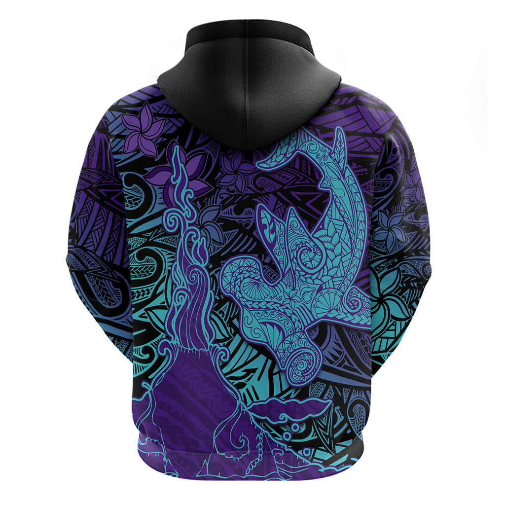 Hawaiian Volcano and Shark Hoodie Polynesian and Hibiscus Pattern Purple Cyan Gradient