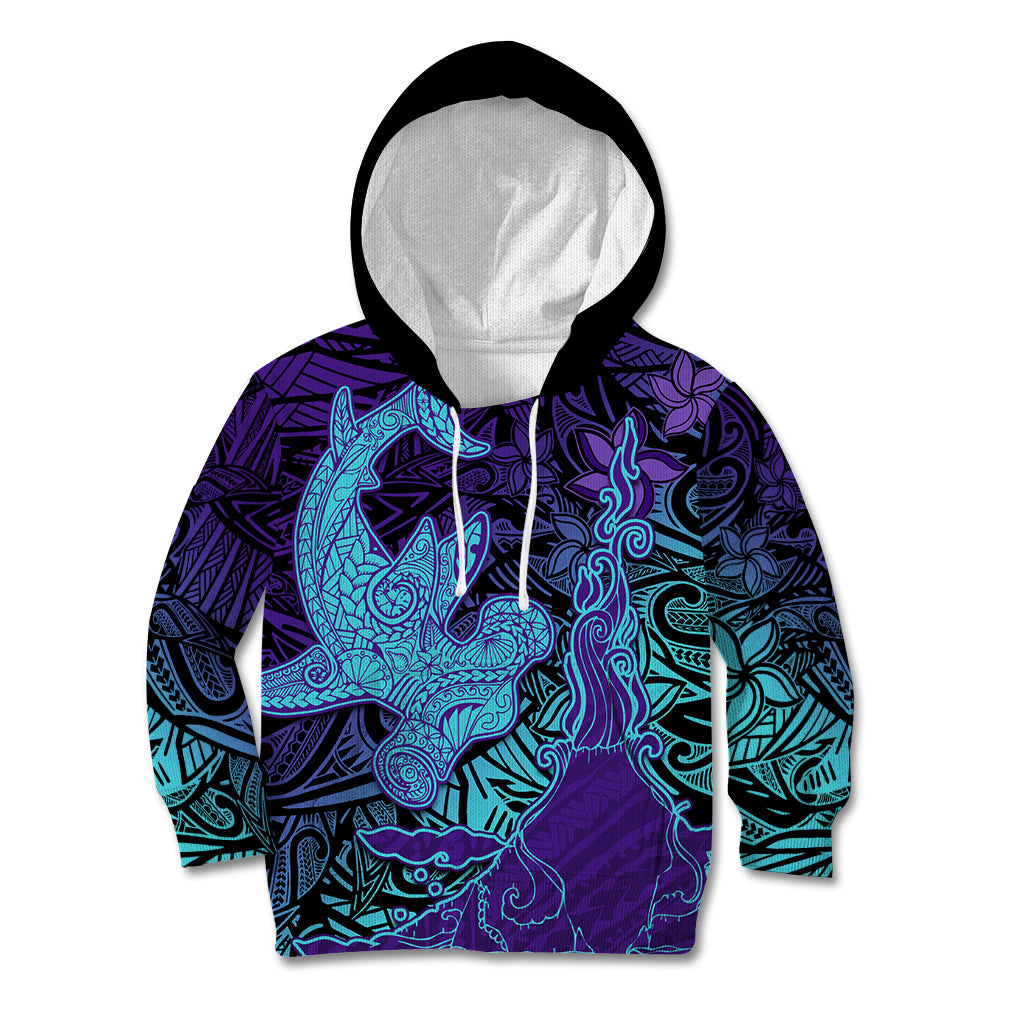 Hawaiian Volcano and Shark Kid Hoodie Polynesian and Hibiscus Pattern Purple Cyan Gradient