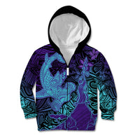 Hawaiian Volcano and Shark Kid Hoodie Polynesian and Hibiscus Pattern Purple Cyan Gradient