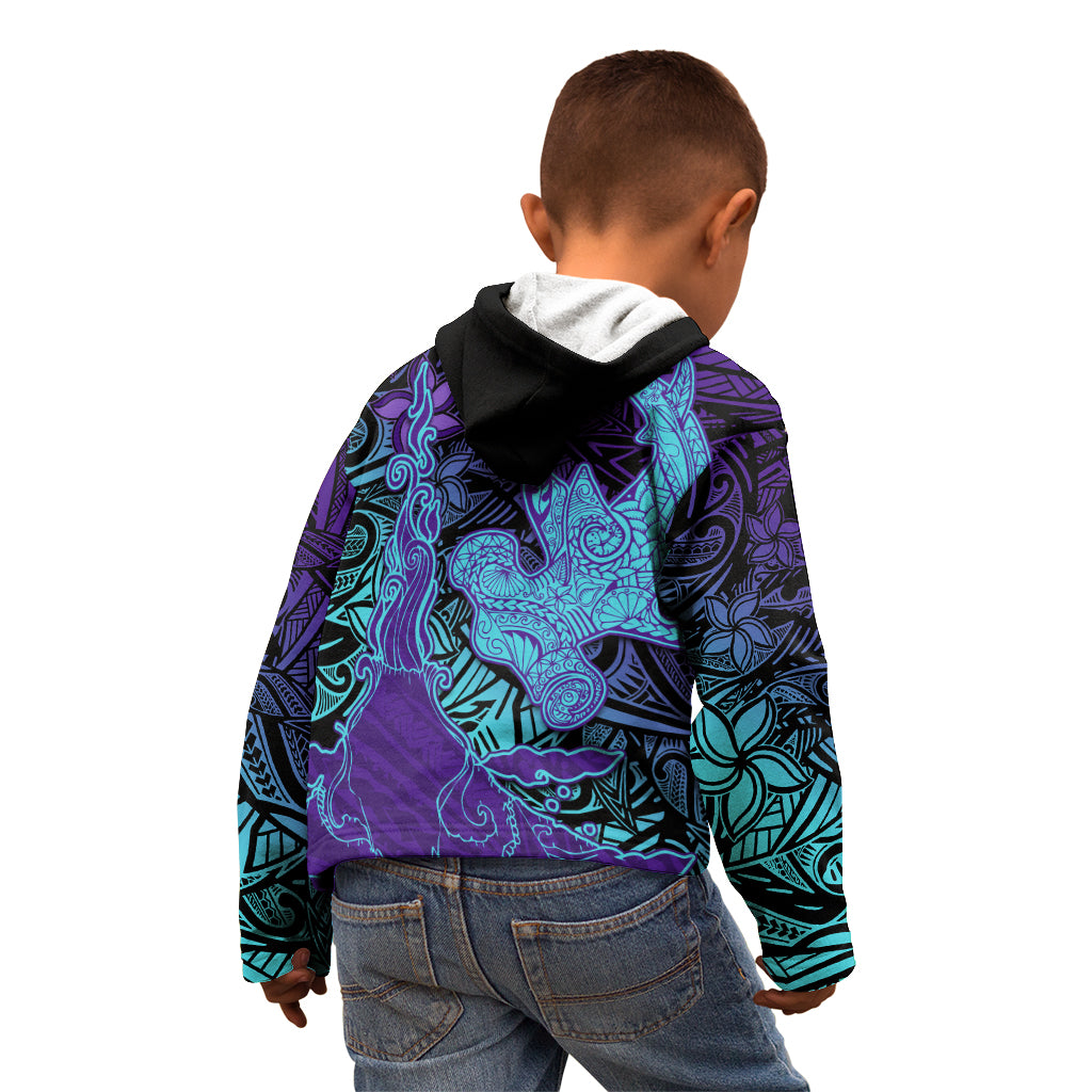 Hawaiian Volcano and Shark Kid Hoodie Polynesian and Hibiscus Pattern Purple Cyan Gradient