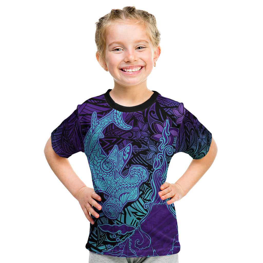 Hawaiian Volcano and Shark Kid T Shirt Polynesian and Hibiscus Pattern Purple Cyan Gradient