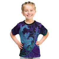Hawaiian Volcano and Shark Kid T Shirt Polynesian and Hibiscus Pattern Purple Cyan Gradient LT03 Purple - Polynesian Pride