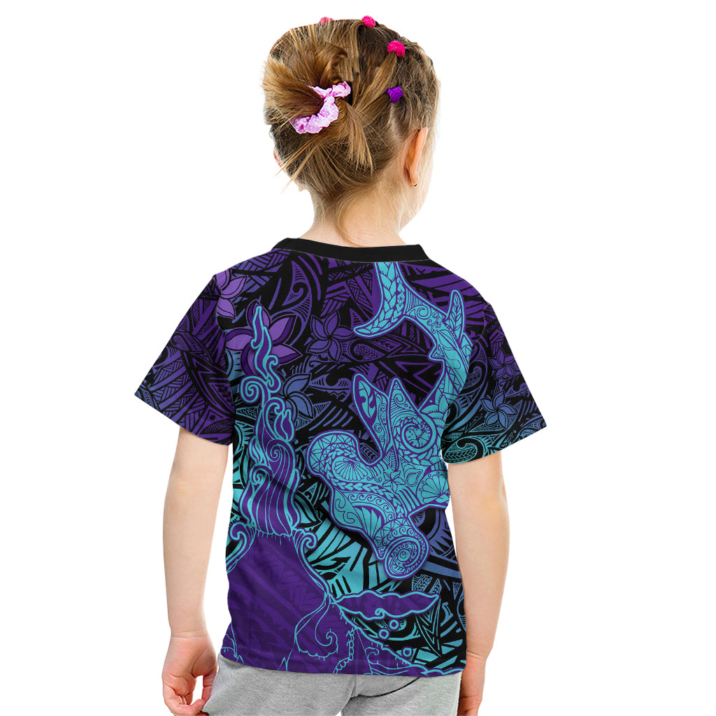 Hawaiian Volcano and Shark Kid T Shirt Polynesian and Hibiscus Pattern Purple Cyan Gradient LT03 - Polynesian Pride