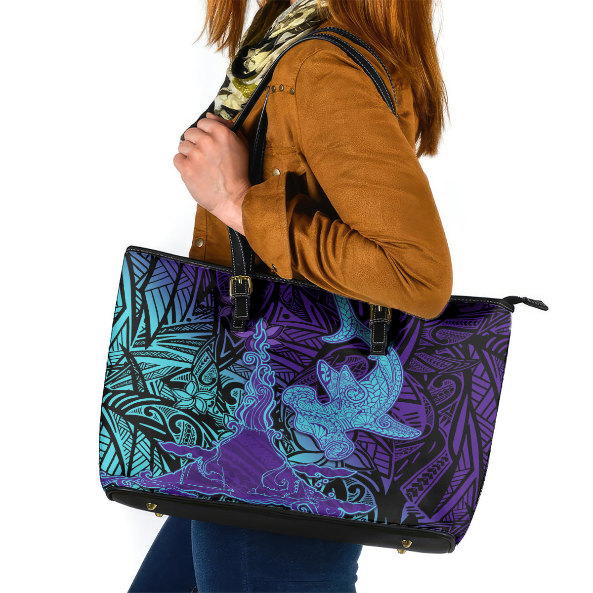 Hawaiian Volcano and Shark Leather Tote Bag Polynesian and Hibiscus Pattern Purple Cyan Gradient LT03 Purple - Polynesian Pride
