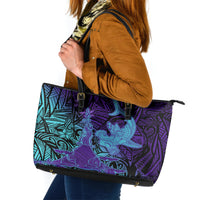Hawaiian Volcano and Shark Leather Tote Bag Polynesian and Hibiscus Pattern Purple Cyan Gradient LT03 Purple - Polynesian Pride