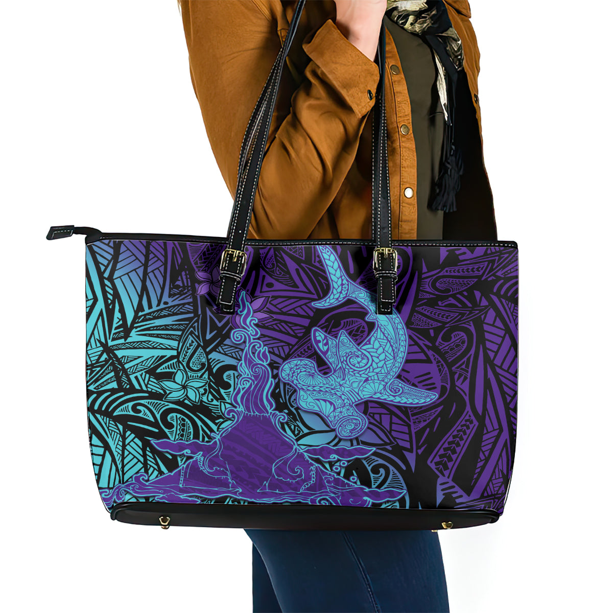 Hawaiian Volcano and Shark Leather Tote Bag Polynesian and Hibiscus Pattern Purple Cyan Gradient LT03 - Polynesian Pride