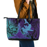 Hawaiian Volcano and Shark Leather Tote Bag Polynesian and Hibiscus Pattern Purple Cyan Gradient LT03 - Polynesian Pride