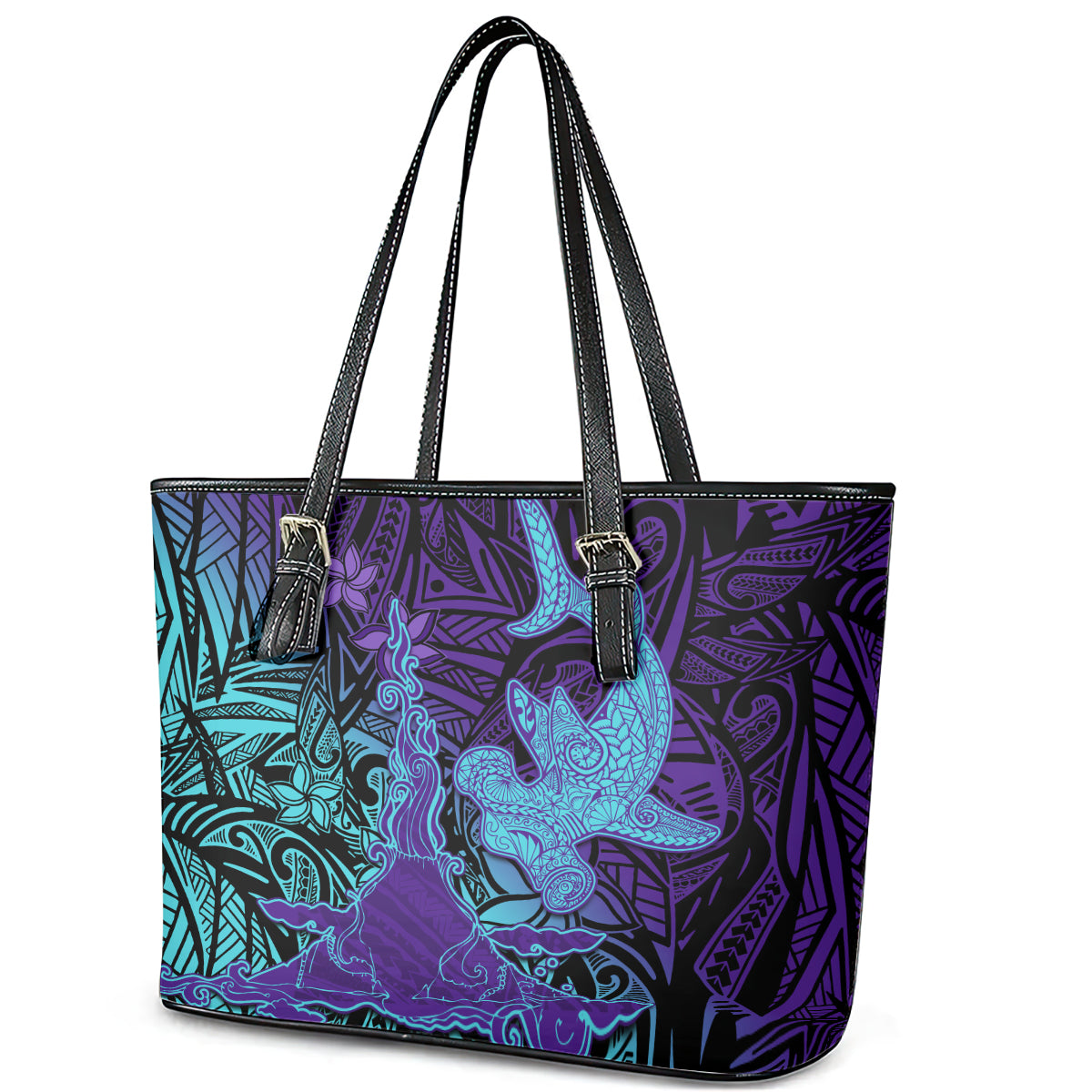 Hawaiian Volcano and Shark Leather Tote Bag Polynesian and Hibiscus Pattern Purple Cyan Gradient LT03 - Polynesian Pride