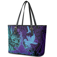 Hawaiian Volcano and Shark Leather Tote Bag Polynesian and Hibiscus Pattern Purple Cyan Gradient LT03 - Polynesian Pride