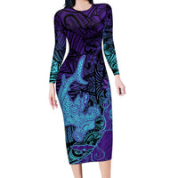 Hawaiian Volcano and Shark Long Sleeve Bodycon Dress Polynesian and Hibiscus Pattern Purple Cyan Gradient LT03 Long Dress Purple - Polynesian Pride