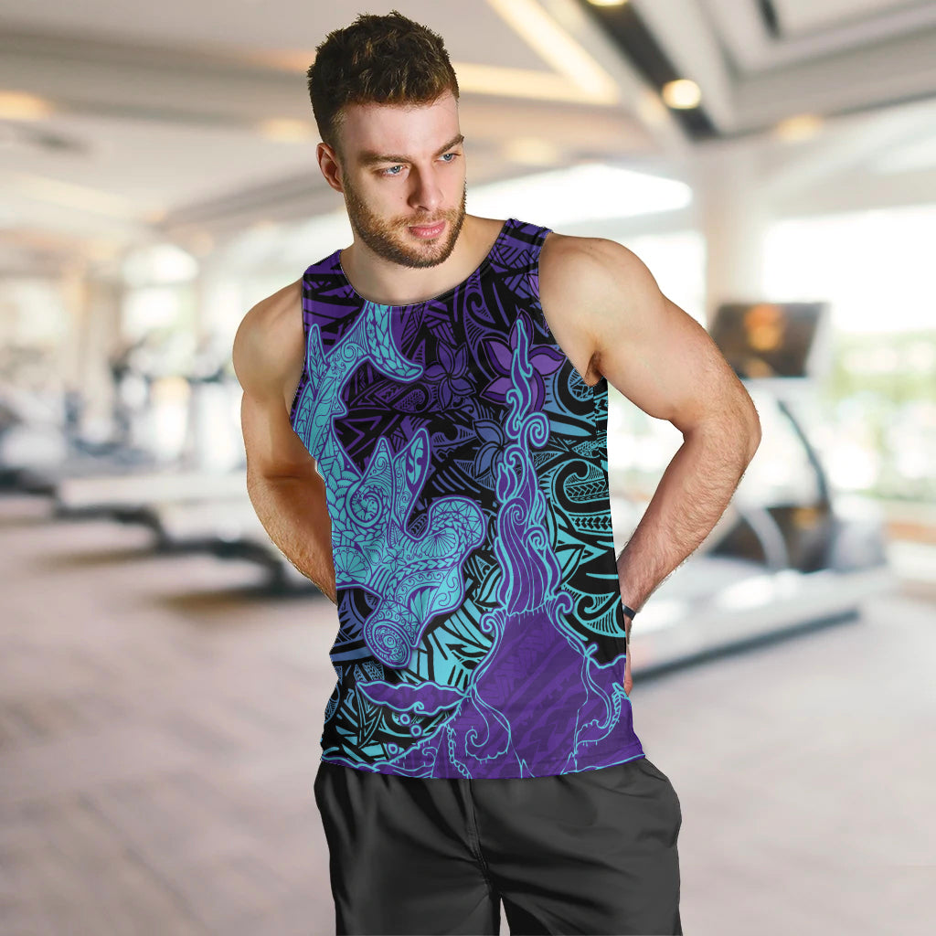 Hawaiian Volcano and Shark Men Tank Top Polynesian and Hibiscus Pattern Purple Cyan Gradient