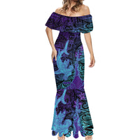 Hawaiian Volcano and Shark Mermaid Dress Polynesian and Hibiscus Pattern Purple Cyan Gradient