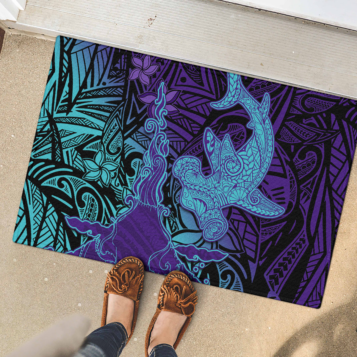 Hawaiian Volcano and Shark Rubber Doormat Polynesian and Hibiscus Pattern Purple Cyan Gradient