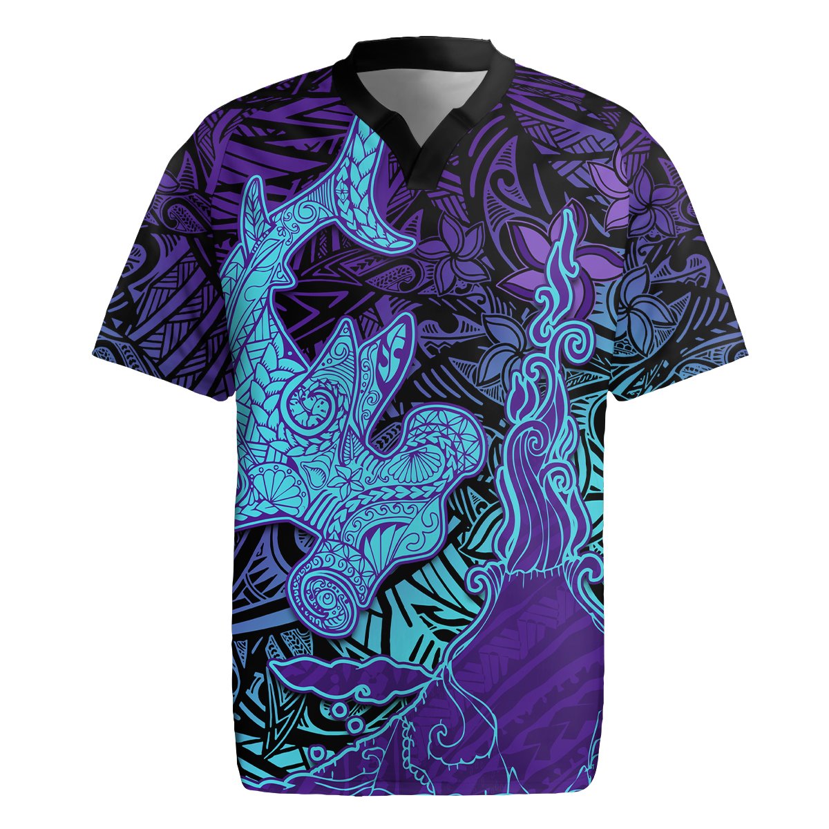 Hawaiian Volcano and Shark Rugby Jersey Polynesian and Hibiscus Pattern Purple Cyan Gradient LT03 Purple - Polynesian Pride