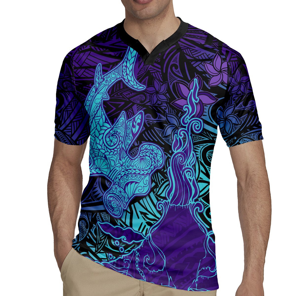 Hawaiian Volcano and Shark Rugby Jersey Polynesian and Hibiscus Pattern Purple Cyan Gradient LT03 - Polynesian Pride