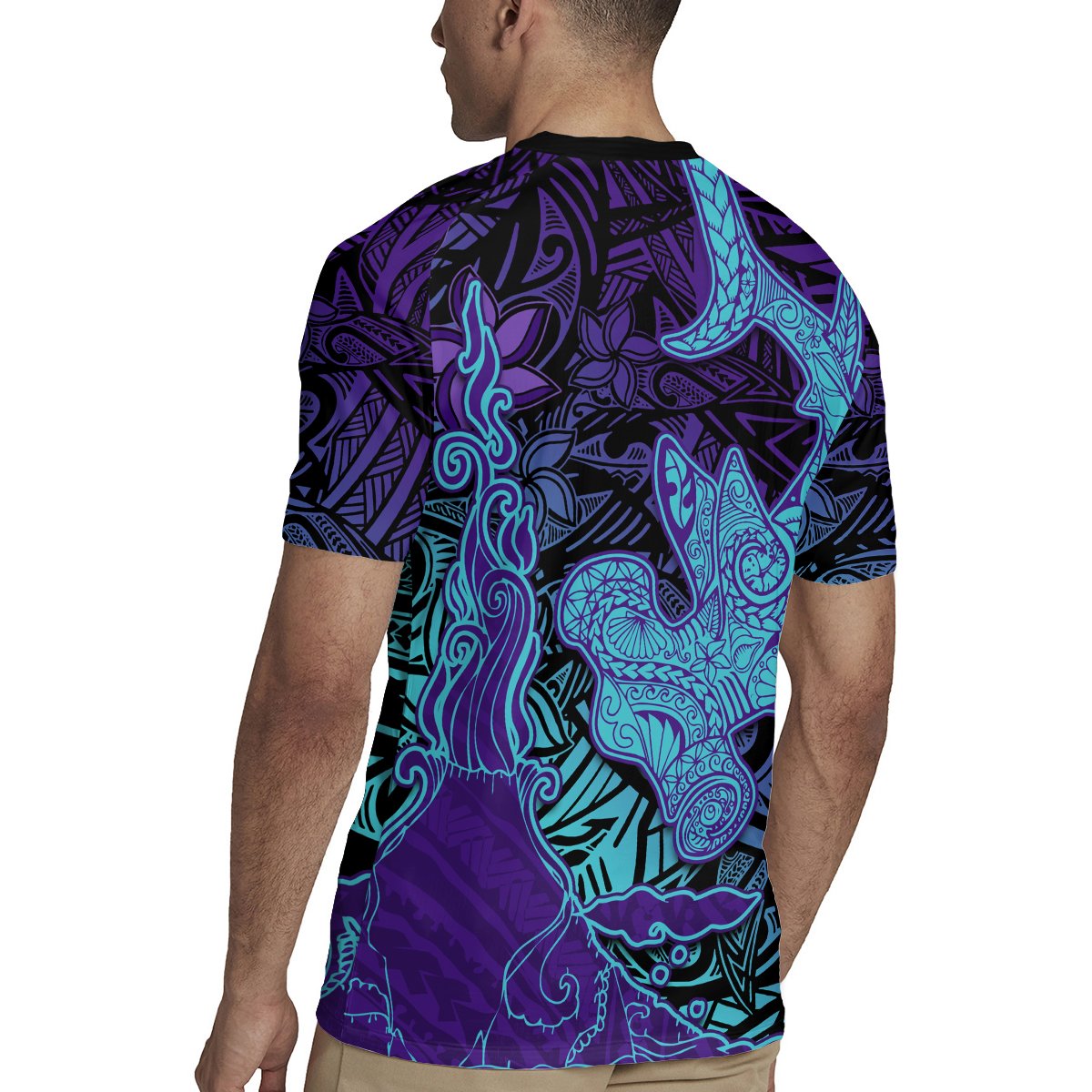 Hawaiian Volcano and Shark Rugby Jersey Polynesian and Hibiscus Pattern Purple Cyan Gradient LT03 - Polynesian Pride