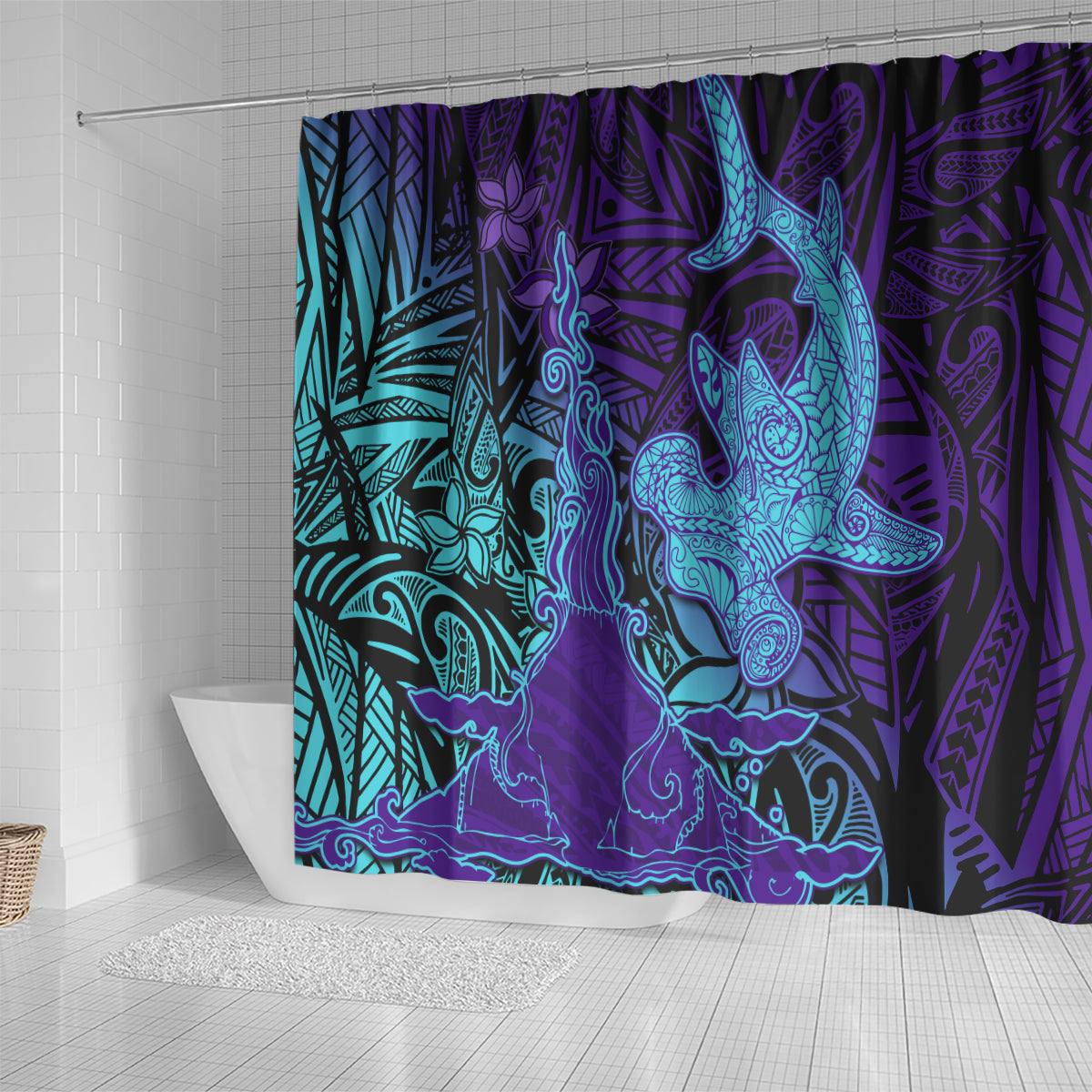 Hawaiian Volcano and Shark Shower Curtain Polynesian and Hibiscus Pattern Purple Cyan Gradient