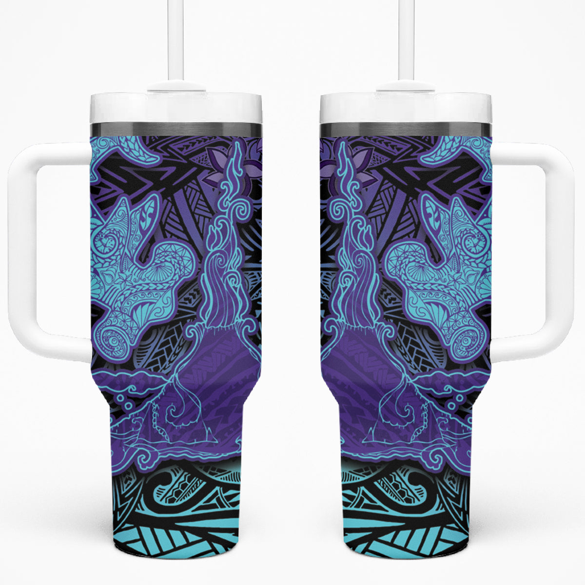 Hawaiian Volcano and Shark Tumbler With Handle Polynesian and Hibiscus Pattern Purple Cyan Gradient