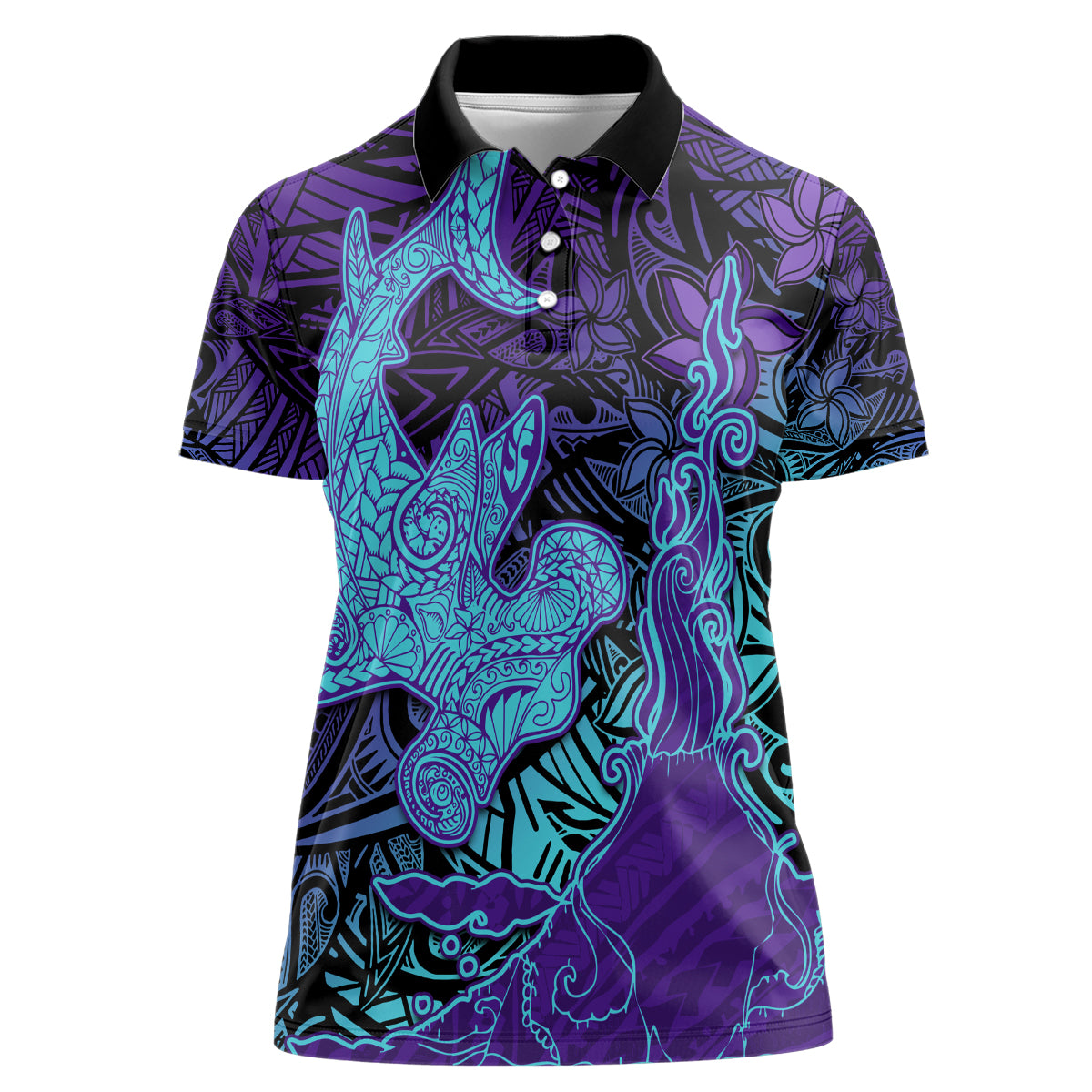 Hawaiian Volcano and Shark Women Polo Shirt Polynesian and Hibiscus Pattern Purple Cyan Gradient