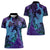 Hawaiian Volcano and Shark Women Polo Shirt Polynesian and Hibiscus Pattern Purple Cyan Gradient