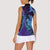 Hawaiian Volcano and Shark Women Sleeveless Polo Shirt Polynesian and Hibiscus Pattern Purple Cyan Gradient