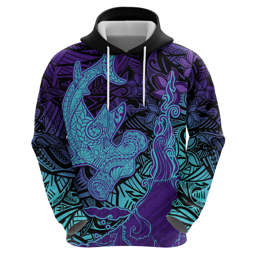 Hawaiian Volcano and Shark Zip Hoodie Polynesian and Hibiscus Pattern Purple Cyan Gradient