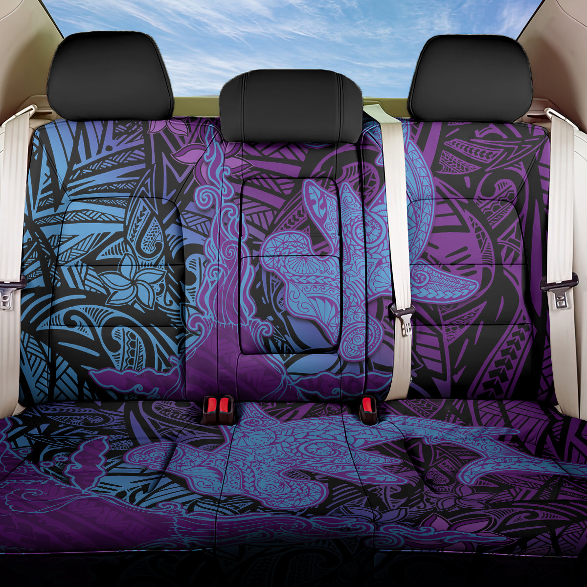 Hawaiian Volcano and Shark Back Car Seat Cover Polynesian and Hibiscus Pattern Violet Gradient