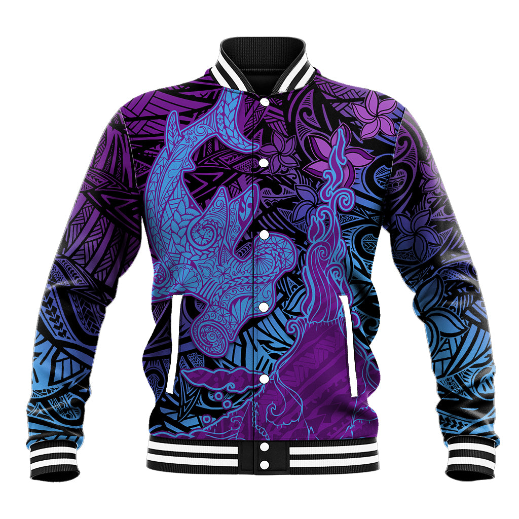 Hawaiian Volcano and Shark Baseball Jacket Polynesian and Hibiscus Pattern Violet Gradient LT03 Unisex Violet - Polynesian Pride