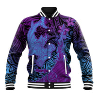 Hawaiian Volcano and Shark Baseball Jacket Polynesian and Hibiscus Pattern Violet Gradient LT03 Unisex Violet - Polynesian Pride