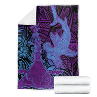 Hawaiian Volcano and Shark Blanket Polynesian and Hibiscus Pattern Violet Gradient
