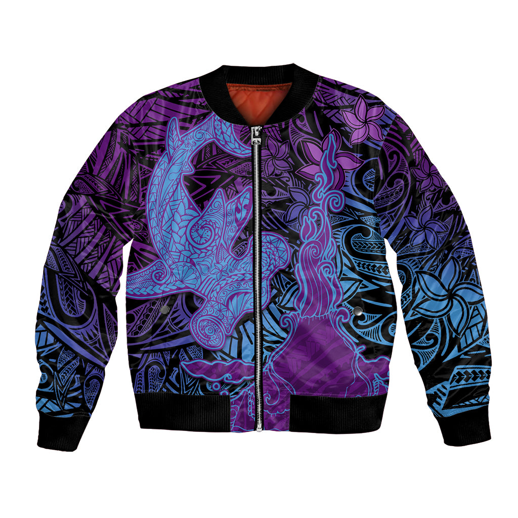 Hawaiian Volcano and Shark Bomber Jacket Polynesian and Hibiscus Pattern Violet Gradient