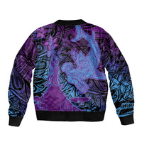 Hawaiian Volcano and Shark Bomber Jacket Polynesian and Hibiscus Pattern Violet Gradient