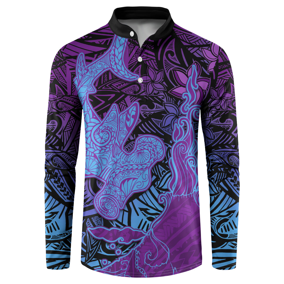 Hawaiian Volcano and Shark Button Sweatshirt Polynesian and Hibiscus Pattern Violet Gradient LT03 Violet - Polynesian Pride