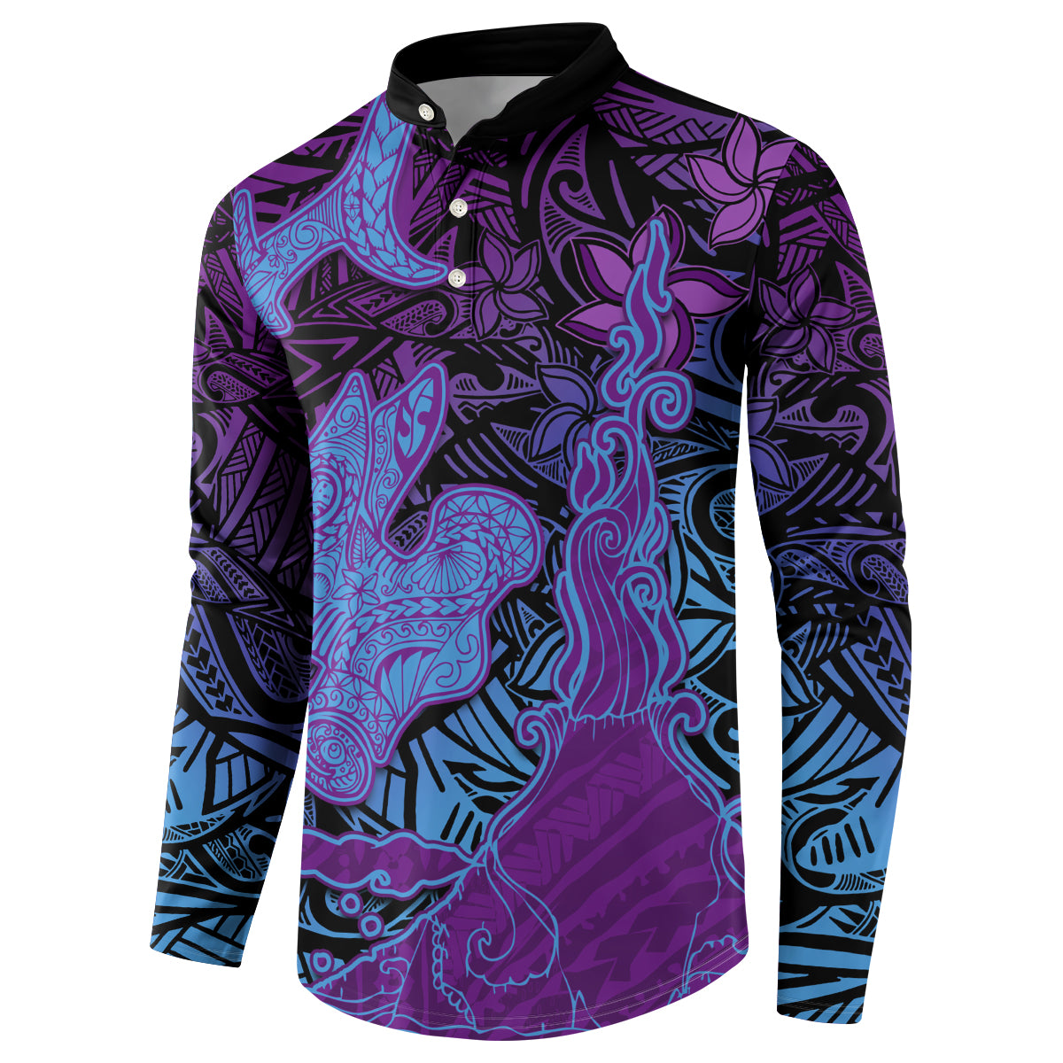 Hawaiian Volcano and Shark Button Sweatshirt Polynesian and Hibiscus Pattern Violet Gradient LT03 - Polynesian Pride